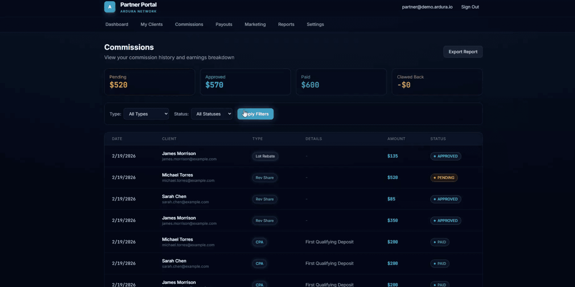 Ardura partner portal commissions — per-client history with pending, approved, paid, and clawed-back totals
