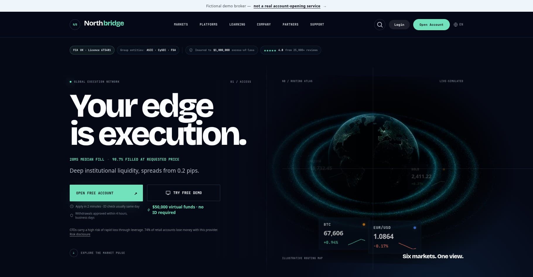 Northbridge — a fictional demo broker site by Asadi Studio, with a live-simulated price display and a banner stating it is not a real account-opening service