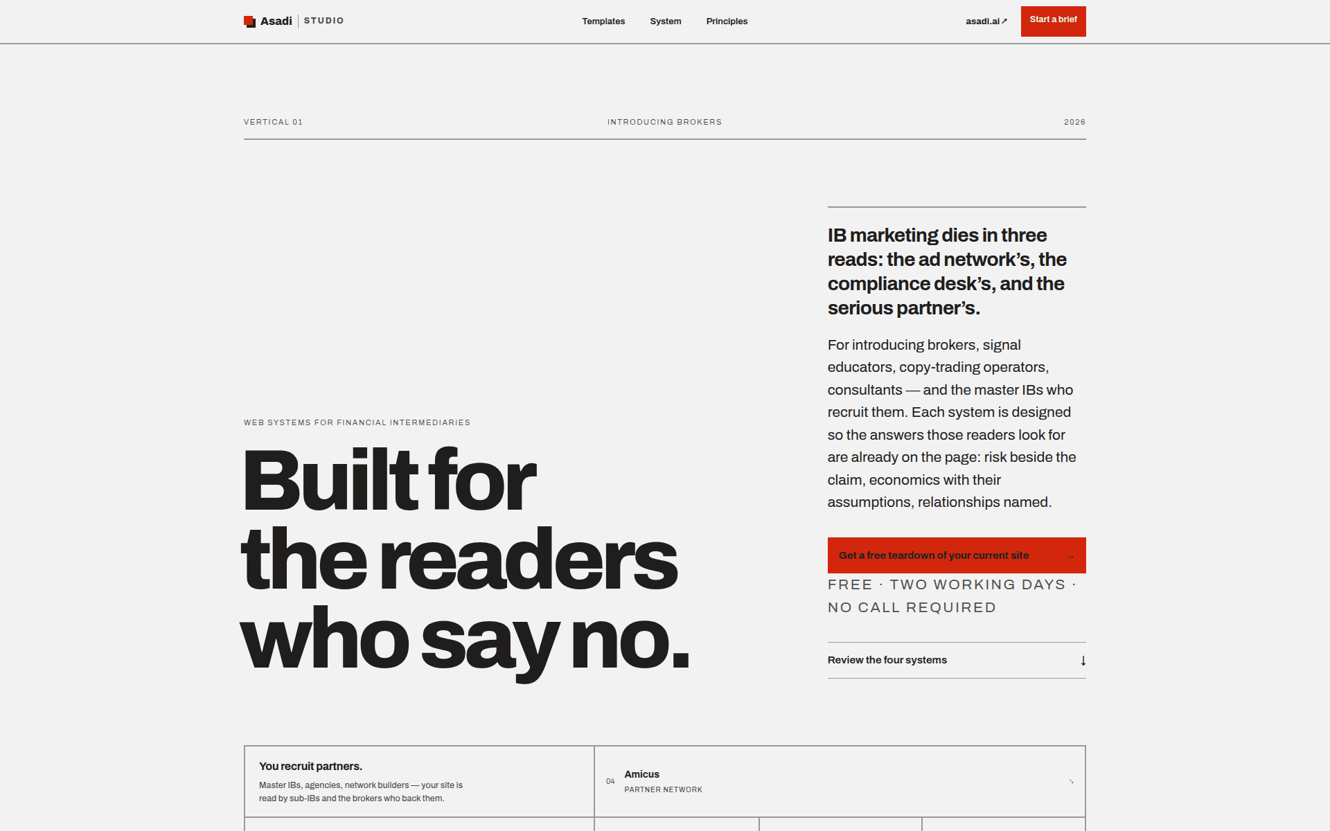 Asadi Studio — template index showing the four introducing-broker archetypes with their design system concepts